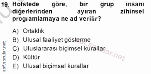 19. soru: Hofstede göre, bir grup insanı digerlerinden ayıran zihinsel programlamaya ne ad verilir? A) Ortaklık B) Ulusal faali…