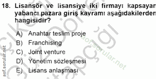 18. soru: Lisansör ve lisansiye iki firmayı kapsayar yabancı pazara giriş kavramı aşağıdakilerder hangisidir? A) Anahtar teslim…