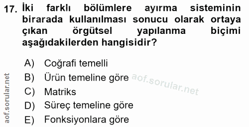 17. soru: Iki farklı bölümlere ayırma sisteminin birarada kullanılması sonucu olarak ortaya çıkan örgütsel yapılanma biçimi aşa…