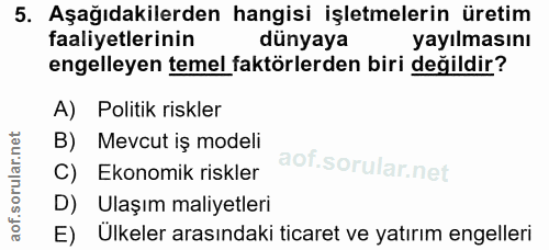 5. soru: Aşağıdakilerden hangisi işletmelerin üretim faaliyetlerinin dünyaya yayılmasını engelleyen temel faktörlerden biri de…
