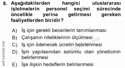 8. soru: Aşağıdakilerden hangisi uluslararası işletmelerin personel seçimi sürecinde öncelikle yerine getirmesi gereken faaliy…