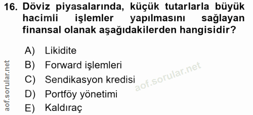 16. soru: Döviz piyasalarında, küçük tutarlarla büyük hacimli işlemler yapılmasını saglayan finansal olanak aşağıdakilerden han…