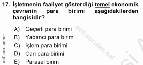 17. soru: İşletmenin faaliyet gösterdiği temel ekonomik çevrenin para birimi aşağıdakilerden hangisidir? A) Geçerli para birimi…