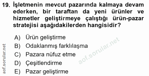 19. soru: İşletmenin mevcut pazarında kalmaya devam ederken, bir taraftan da yeni ürünler ve hizmetler geliştirmeye çalıştığı ü…