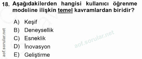 18. soru: Aşağıdakilerden hangisi kullanıcı öğrenme modeline ilişkin temel kavramlardan biridir? A) Keşif B) Deneysellik C) Esn…