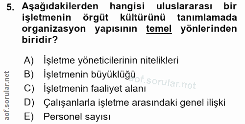 5. soru: Aşağıdakilerden hangisi uluslararası bir işletmenin örgüt kültürünü tanımlamada organizasyon yapısının temel yönlerin…