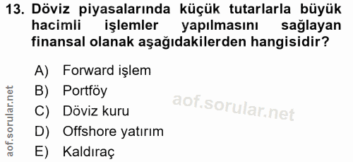 13. soru: Döviz piyasalarında küçük tutarlarla büyük hacimli işlemler yapılmasını sağlayan finansal olanak aşağıdakilerden hang…