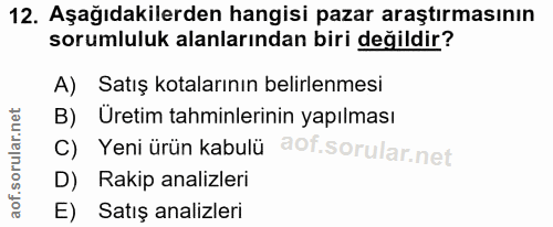 12. soru: Aşağıdakilerden hangisi pazar araştırmasının sorumluluk alanlarından biri değildir? A) Satış kotalarının belirlenmesi…