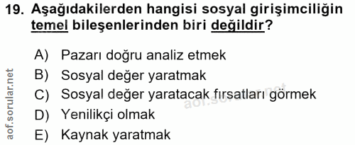 19. soru: Aşağıdakilerden hangisi sosyal girişimciliğin temel bileşenlerinden biri değildir? A) Pazarı doğru analiz etmek B) So…