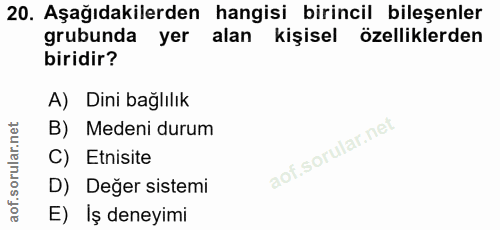 20. soru: Aşağıdakilerden hangisi birincil bileşenler grubunda yer alan kişisel özelliklerden biridir? A) Dini bağlılık B) Mede…