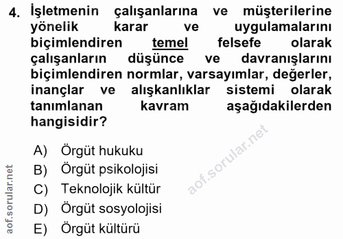 4. soru: İşletmenin çalışanlarına ve müşterilerine yönelik karar ve uygulamalarını biçimlendiren temel felsefe olarak çalışanl…