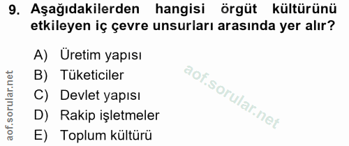 9. soru: Aşağıdakilerden hangisi örgüt kültürünü etkileyen iç çevre unsurları arasında yer alır? A) Üretim yapısı B) Tüketicil…
