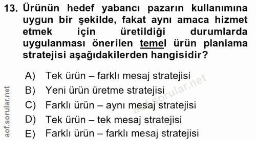 13. soru: Urünün hedef yabancı pazarın kullanımına uygun bir şekilde, fakat aynı amaca hizmet etmek için üretildiği durumlarda…