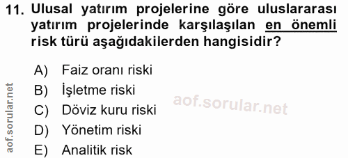 11. soru: Ulusal yatırım projelerine göre uluslararası yatırım projelerinde karşılaşılan en önemli risk türü aşağıdakilerden ha…