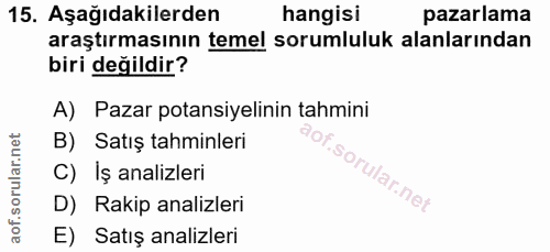 15. soru: Aşağıdakilerden hangisi pazarlama araştırmasının temel sorumluluk alanlarından biri değildir? A) Pazar potansiyelinin…