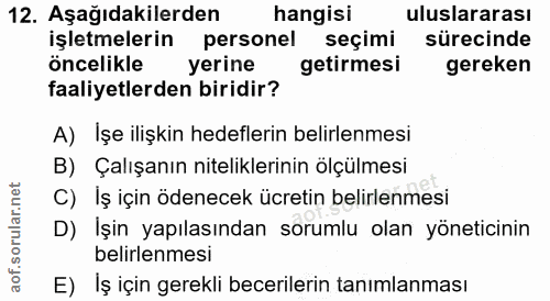 12. soru: Aşağıdakilerden hangisi uluslararası işletmelerin personel seçimi sürecinde öncelikle yerine getirmesi gereken faaliy…