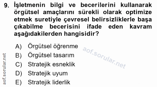 9. soru: İşletmenin bilgi ve becerilerini kullanarak örgütsel amaçlarını sürekli olarak optimize etmek suretiyle çevresel beli…