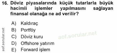 16. soru: Döviz piyasalarında küçük tutarlarla büyük hacimli işlemler yapılmasını sağlayan finansal olanağa ne ad verilir? A) K…