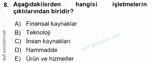 8. soru: Aşağıdakilerden hangisi işletmelerin çıktılarından biridir? A) Finansal kaynaklar B) Teknoloji C) İnsan kaynakları D)…