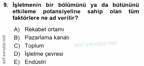 9. soru: İşletmenin bir bölümünü ya da bütününü etkileme potansiyeline sahip olan tüm faktörlere ne ad verilir? A) Rekabet ort…