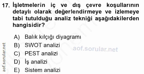 17. soru: İşletmelerin iç ve dış çevre koşullarının detaylı olarak değerlendirmeye ve izlemeye tabi tutulduğu analiz tekniği aş…
