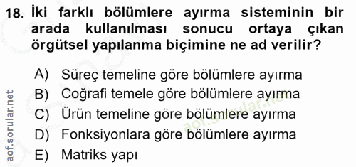 18. soru: İki farklı bölümlere ayırma sisteminin bir arada kullanılması sonucu ortaya çıkan örgütsel yapılanma biçimine ne ad v…