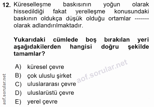 12. soru: Küreselleşme baskısının yoğun olarak hissedildiği fakat yerelleşme konusundaki baskının oldukça düşük olduğu ortamlar…