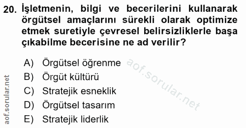 20. soru: İşletmenin, bilgi ve becerilerini kullanarak örgütsel amaçlarını sürekli olarak optimize etmek suretiyle çevresel bel…