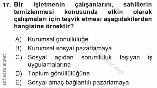 17. soru: Bir işletmenin çalışanlarını, sahillerin temizlenmesi konusunda etkin olarak çalışmaları için teşvik etmesi aşağıdaki…