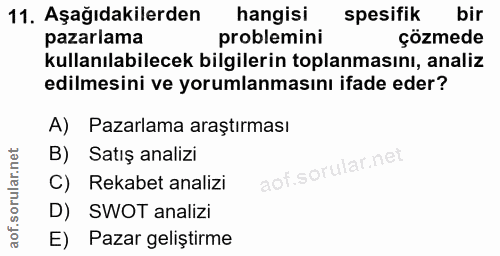 11. soru: Aşağıdakilerden hangisi spesifik bir pazarlama problemini çözmede kullanılabilecek bilgilerin toplanmasını, analiz ed…