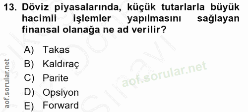 13. soru: Döviz piyasalarında, küçük tutarlarla büyük hacimli işlemler yapılmasını sağlayan finansal olanağa ne ad verilir? A)…