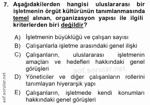7. soru: Aşağıdakilerden hangisi uluslararası bir işletmenin örgüt kültürünün tanımlanmasında temel alınan, organizasyon yapıs…