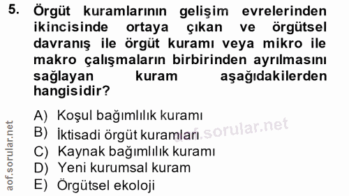 5. soru: Örgüt kuramlarının gelişim evrelerinden ikincisinde ortaya çıkan ve örgütsel davranış ile örgüt kuramı veya mikro ile…