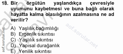 18. soru: Bir örgütün yaşlandıkça çevresiyle uyumunu kaybetmesi ve buna bağlı olarak hayatta kalma olasılığının azalmasına ne a…