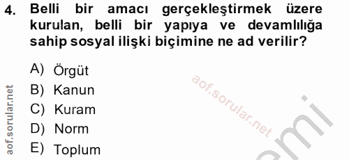 4. soru: Belli bir amacı gerçekleştirmek üzere kurulan, belli bir yapıya ve devamlılığa sahip sosyal ilişki biçimine ne ad ver…