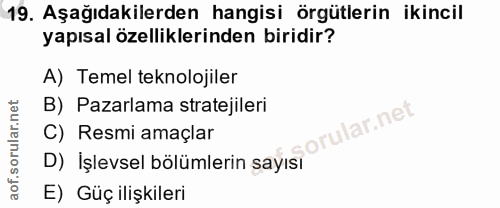 19. soru: Aşağıdakilerden hangisi örgütlerin ikincil yapısal özelliklerinden biridir? A) Temel teknolojiler B) Pazarlama strate…