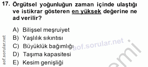 17. soru: Örgütsel yoğunluğun zaman içinde ulaştığı ve istikrar gösteren en yüksek değerine ne ad verilir? A) Bilişsel meşruiye…
