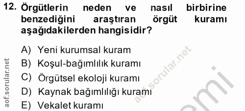 12. soru: Örgütlerin neden ve nasıl birbirine benzediğini araştıran örgüt kuramı aşağıdakilerden hangisidir? A) Yeni kurumsal k…