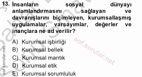 13. soru: Insanların sosyal dunyayı anlamlandırmasını sağlayan ve davranışlarını biçimleyen, kurumsallaşmış uygulamalar, varsay…