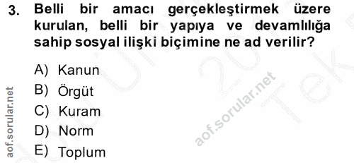 3. soru: Belli bir amacı gerçekleştirmek üzere kurulan, belli bir yapıya ve devamlılığa sahip sosyal ilişki biçimine ne ad ver…