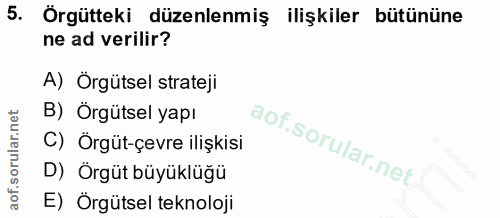5. soru: Örgütteki düzenlenmiş ilişkiler bütününe ne ad verilir? A) Orgütsel strateji B) Örgütsel yapı C) Örgüt-çevre ilişkisi…