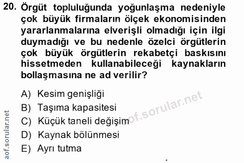 20. soru: Örgüt topluluğunda yoğunlaşma nedeniyle çok büyük firmaların ölçek ekonomisinden yararlanmalarına elverişli olmadığı…