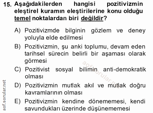 15. soru: Aşağıdakilerden hangisi pozitivizmin eleştirel kuramın eleştirilerine konu olduğu temel noktalardan biri değildir? A)…