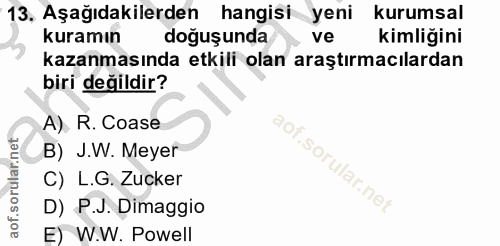 13. soru: 13, Aşağıdakilerden hangisi yeni kurumsal kuramın doğuşunda ve kimliğini kazanmasında etkili olan araştırmacılardan b…