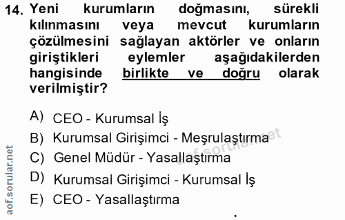 14. soru: Yeni kurumların doğmasını, sürekli kılınmasını veya mevcut kurumların çözülmesini sağlayan aktörler ve onların girişt…