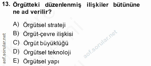 13. soru: Örgütteki düzenlenmiş ilişkiler bütününe ne ad verilir? A) Örgütsel strateji B) Örgüt-çevre ilişkisi C) Örgüt büyüklü…
