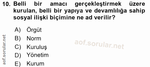 10. soru: Belli bir amacı gerçekleştirmek üzere kurulan, belli bir yapıya ve devamlılığa sahip sosyal ilişki biçimine ne ad ver…
