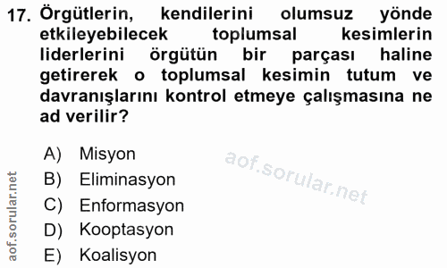 17. soru: Örgütlerin, kendilerini olumsuz yönde etkileyebilecek toplumsal kesimlerin liderlerini örgütün bir parçası haline get…