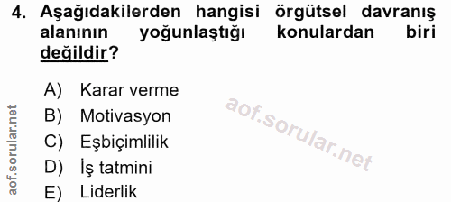 4. soru: Aşağıdakilerden hangisi örgütsel davranış alanının yoğunlaştığı konulardan biri değildir? A) Karar verme B) Motivasyo…