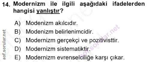 14. soru: Modernizm ile ilgili aşağıdaki ifadelerden hangisi yanlıştır? A) Modenizm akılcıdır. B) Modenizm belirlenimcidir. C)…
